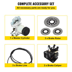 Hammerhead Go-Kart Hydraulic Brake Master Cylinder Kit with master cylinder, 3 brake rotors, 3 brake lines, and 3 brake calipers.
