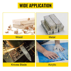 Infographic showing Bostome belt sander's applications on wood, metal, knife blades, and acrylic.