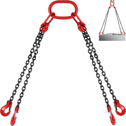 Bostome G80 alloy steel 4-leg chain sling, 5/16" diameter, 5ft long, 11,000 lbs capacity.