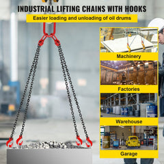 Bostome G80 alloy steel 4-leg chain sling, 5/16" diameter, 5ft length, 11,000 lbs capacity.