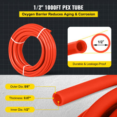 1/2-inch red PEX-B oxygen barrier tubing coil, 1000 feet long, with diameter labels.