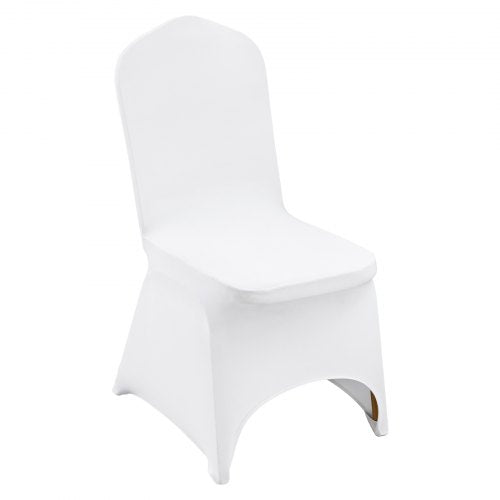 White spandex folding chair covers with a snug fit and arched design for durability and elegance.