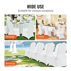 White spandex folding chair covers designed for universal fit and wrinkle-resistant durability.