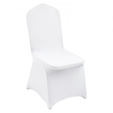 White spandex folding chair covers designed for a universal fit on armless chairs.