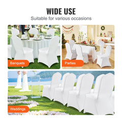 White spandex folding chair covers designed for universal fit and elegant event presentation.