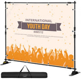 Black aluminum backdrop banner stand, adjustable from 5.6 to 10 ft wide and 3.6 to 8 ft high.