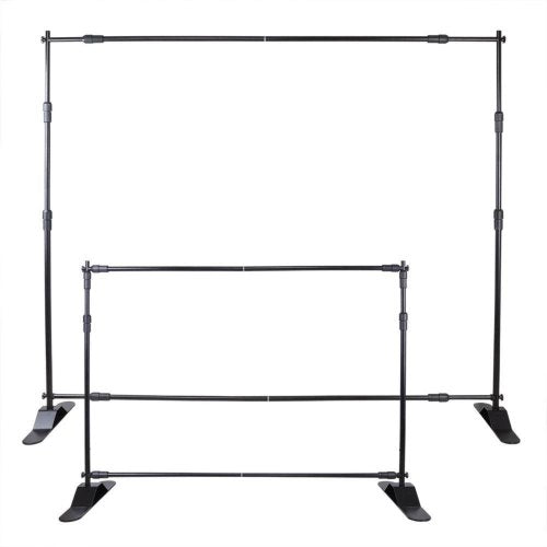 Adjustable telescopic backdrop banner stand with a height range of 8'x8' to 10'x8'.