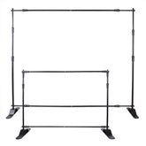 Adjustable telescopic backdrop banner stand with a height range of 8'x8' to 10'x8'.
