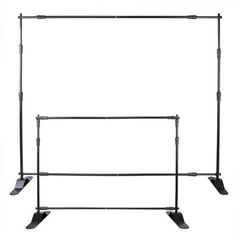Adjustable telescopic backdrop banner stand with a height range of 8'x8' to 10'x8'.