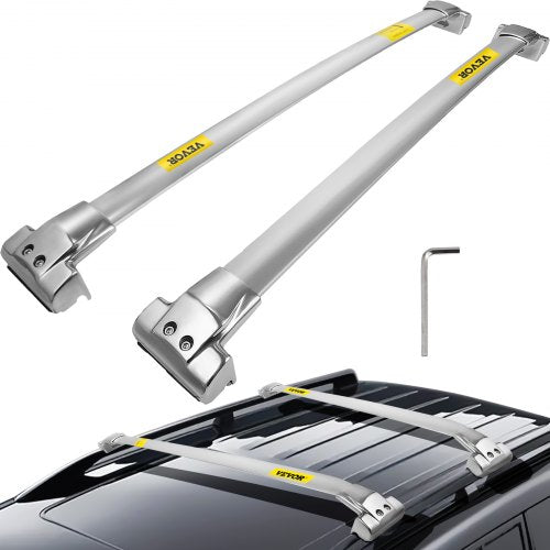 Silver stainless steel roof rack cross bars for Jeep Grand Cherokee 2011-2021, shown installed on vehicle roof with included wrench.