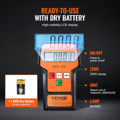 Orange digital refrigerant scale with LCD display, buttons, and dry battery, showing 00000 reading.