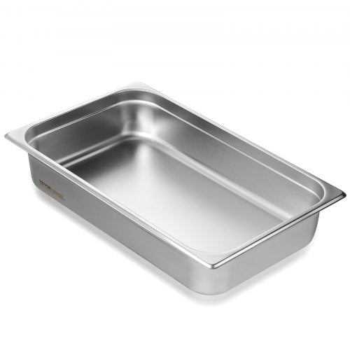 Full-size stainless steel steam table pan, 4 inches deep with anti-jam grooves.
