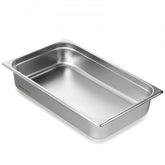 Full-size stainless steel steam table pan, 4 inches deep with anti-jam grooves.