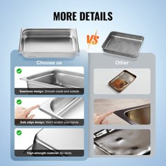 Infographic comparing seamless, smooth-edged stainless steel steam table pan to a scratched, dented alternative.