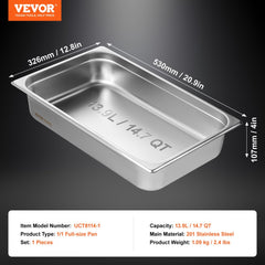 Full-size stainless steel steam table pan, 4 inches deep, with anti-jam design and 13.9L capacity.