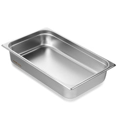 A full-size stainless steel steam table pan, 4 inches deep with anti-jam grooves.