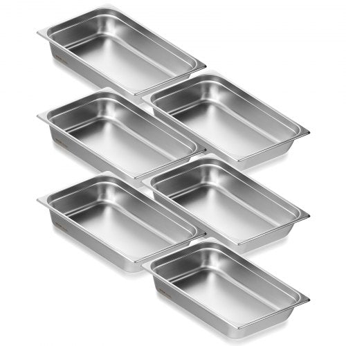 Six stainless steel steam table pans, 4-inch deep, are arranged diagonally.