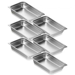 Six stainless steel steam table pans, 4-inch deep, are arranged diagonally.