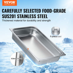 Six full-size stainless steel steam table pans, 4 inches deep, shown in a pack.