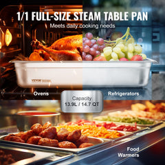 Six full-size stainless steel steam table pans, 4 inches deep, shown holding roasted turkey, grapes, meatballs, and vegetables.