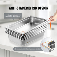 Six full-size stainless steel steam table pans, 4 inches deep, with anti-stacking rib design for easy separation.