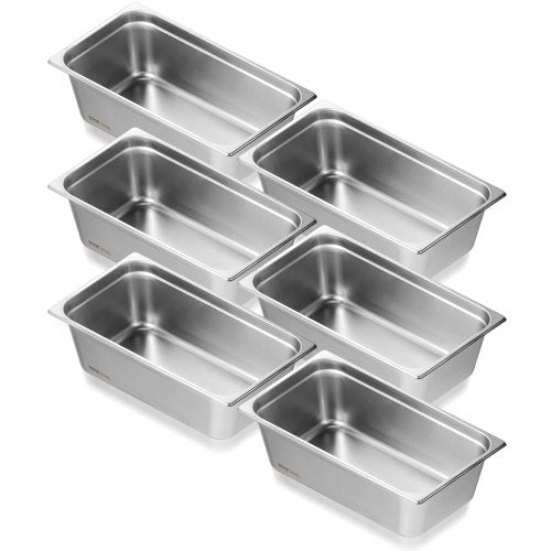 Six full-size stainless steel steam table pans, 6 inches deep, arranged in a stack.