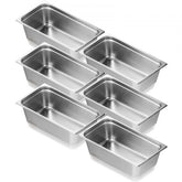 Six full-size stainless steel steam table pans, 6 inches deep, arranged in a stack.