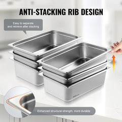 Stack of six full-size stainless steel steam table pans, 6 inches deep, with anti-stacking ribs for easy separation.