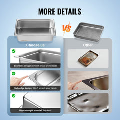 Comparison of seamless stainless steel steam table pan with smooth edges versus a scratched competitor pan.