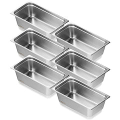 Six full-size stainless steel steam table pans, 6 inches deep, shown stacked.