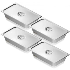 Full size stainless steel steam table pan with lid, 4 inches deep, in a 4 pack.