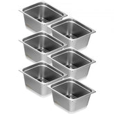 Six stainless steel 6-inch deep steam table pans with lids, 1/2 size, stackable design.