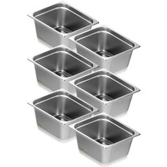 Six stainless steel 6-inch deep steam table pans with lids, 1/2 size, stackable design.