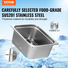 6-pack of 1/2 size stainless steel steam table pans, 6 inches deep, with lids.