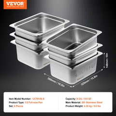 Six 1/2-size stainless steel steam table pans, 6 inches deep, stacked with dimensions shown.