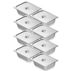 Bostome 1/2 size anti-jam hotel pans in an 8-pack, 4-inch deep stainless steel construction.