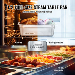 Eight stainless steel hotel pans, 1/2 size, 4 inches deep with anti-jam grooves.