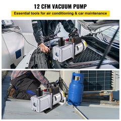 Silver 12 CFM single-stage rotary vane vacuum pump with 1 HP motor, used on car AC and outdoor unit.