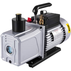 Silver Bostome 12CFM single-stage rotary vane vacuum pump with black handle and yellow accents.