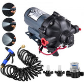 Bostome 12V RV water pump kit with 25ft hose, self-priming design, and durable construction.
