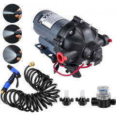 Bostome 12V RV water pump kit with 25ft hose, self-priming design, and durable construction.