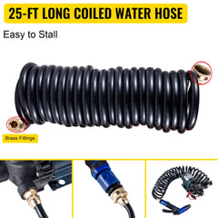 Bostome 12V RV water pump kit with 25ft hose, trigger nozzle, and durable construction.