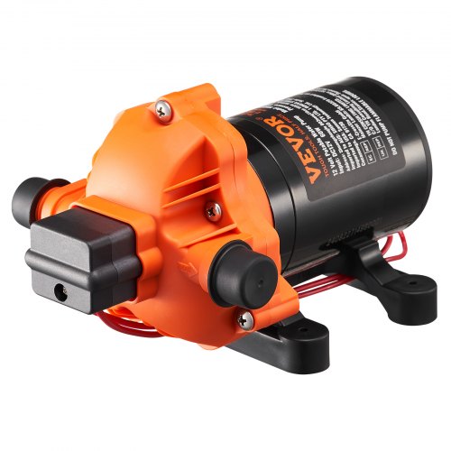 Orange and black Bostome 12V 3-chamber diaphragm water pump with ports and wiring.