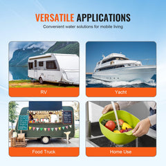 Infographic showing versatile uses of a 12V diaphragm water pump for RVs, yachts, food trucks, and home sinks.