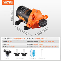 Orange 12V diaphragm water pump with 3GPM flow, 50 PSI pressure, and dimensions shown.