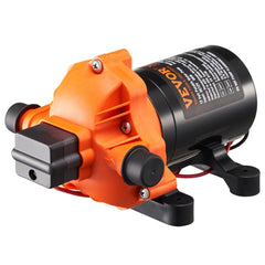 Orange 12V diaphragm water pump with black motor and pressure switch.