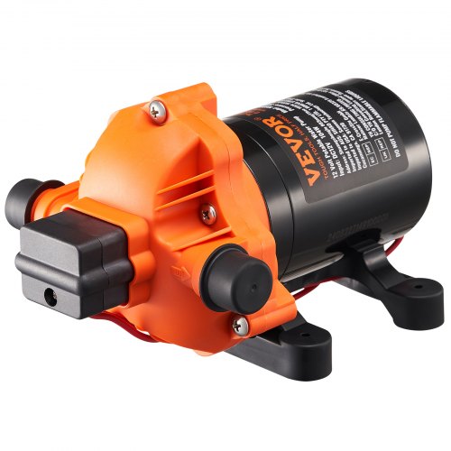 Orange 12V diaphragm water pump with black motor and ports, model Bostome 3.5 GPM 50 PSI.
