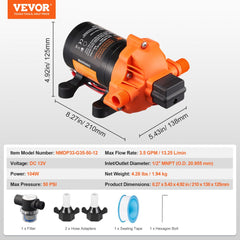 Orange 12V diaphragm water pump with 3.5 GPM flow rate and 50 PSI pressure, showing dimensions and accessories.