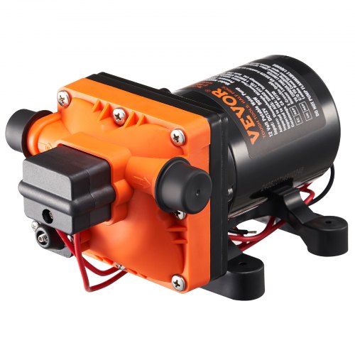 Bostome 12V diaphragm water pump with a plastic body and adjustable pressure switch.