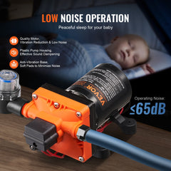 Bostome 12V diaphragm water pump with a plastic body, pressure switch, and copper motor.